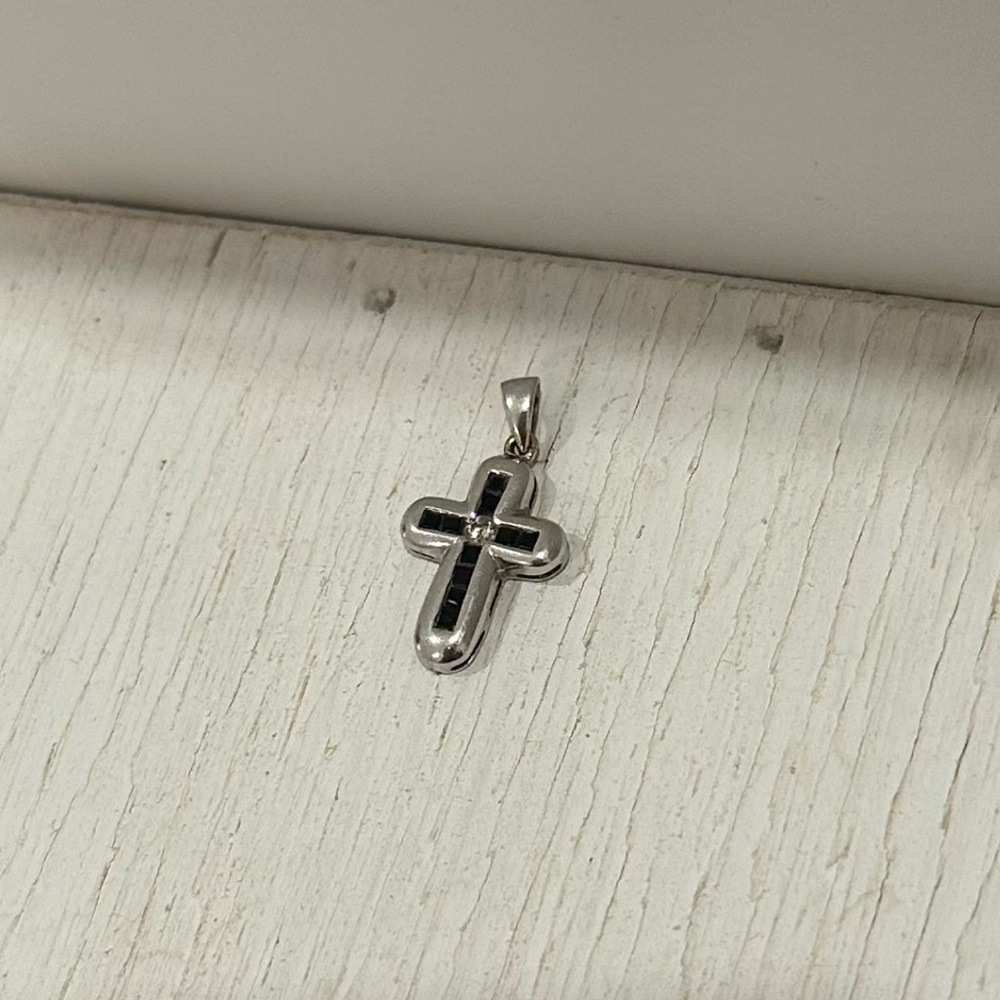 Channel Set Dark Sapphire White Gold Cross Pendant - Picture 1 of 6